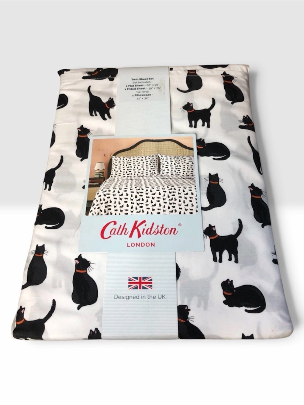BLACK CAT Cath Kidston White Cotton Sheet TWIN Set with ~ NWT